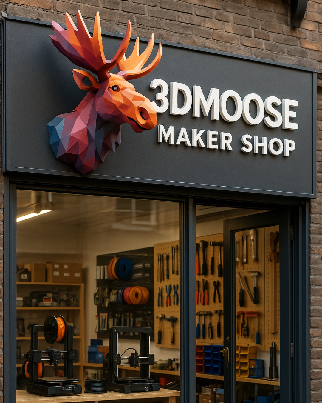 3DMoose Maker Shop storefront with a geometric moose logo and maker tools visible inside