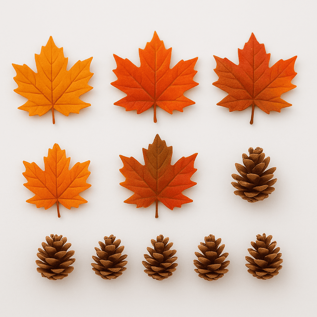 Decorative items: dried leaf, pine cone