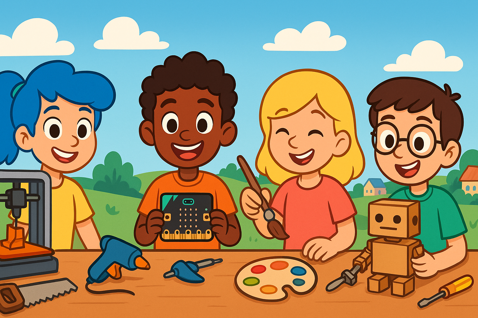 Four diverse kids working on STEAM maker projects at a table with various tools